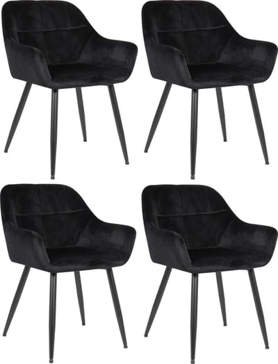 CLP Emia Set van 4 eetkamerstoelen - Met armleuning - Velvet - Fluweel - zwart Fluweel