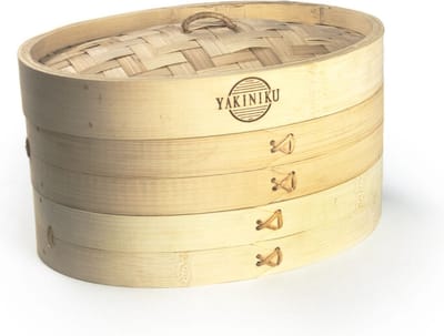 YAKINIKU Stoommandje Bamboe - Ovaal - 21x25 cm - Tweedelig met Deksel - Inclusief Dumplingset - Kamado Accessoire