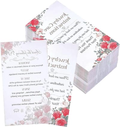 240 Stuks Sieraden Instructiekaarten 5x9 cm Rode Bloemenprint Papier Displaykaarten met Onderhoudstips voor Sieraden
