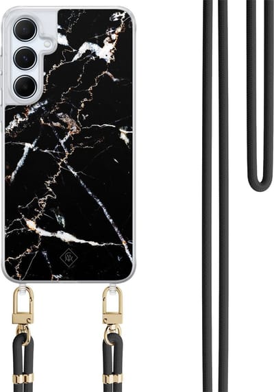 Casimoda® hoesje met koord - Geschikt voor Samsung A35 - Marmer Zwart - Afneembaar koord - TPU/polycarbonaat - Zwart