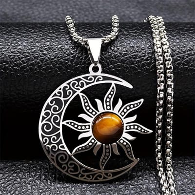 Witch Moon Sun Pentagram Necklace Stone Occult Luna Crescent Wicca Necklaces Jewelry Collares Amulet Protection Women Necklace white