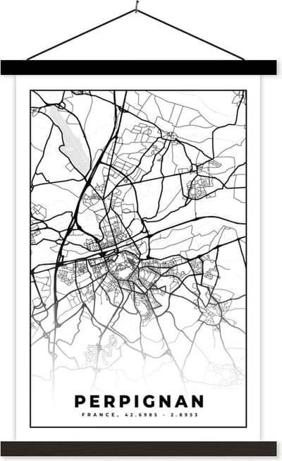 Posterhanger incl. Poster 40x60 cm - Schoolplaat - Plattegrond - Kaart - Frankrijk - Stadskaart - Perpignan - Zwart wit - Textielposter - Zwarte latten - Stadskaart