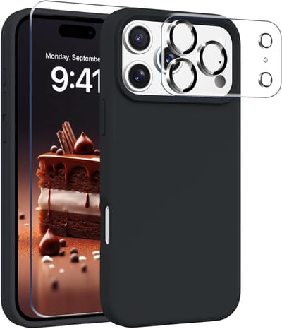 Stravo Siliconen Hoesje geschikt voor iPhone 17 Pro , Zwart, Met 1X Screenprotector + 1X Cameralensbeschermer, [Zachte Krasbestendige Microvezelvoering], Vloeibare Siliconen Schokbestendige Beschermende Telefoonhoes