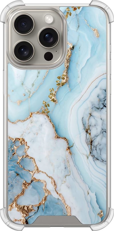 Shockproof hoesje - Geschikt voor iPhone 15 Pro Max - Marmer babyblauw - Extra sterke case - TPU/polycarbonaat - Marmer - Blauw, Transparant