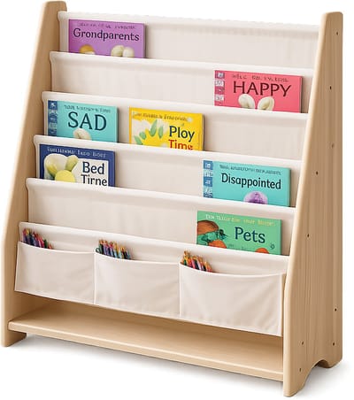 WonderMind Massief Grenenhout Montessori Kinderboekenrek – Frontale Boekendisplay met Canvas Boekenvakken – Kinderboekenkast – Speelgoedkast – Speelgoedopberger – Speelgoedmand – Boekenkast Kinderkamer – Kinderstoel – WM-C003