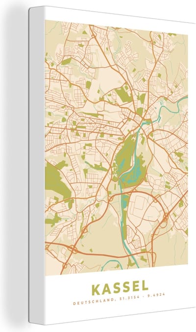 Canvas Schilderij Plattegrond - Kaart - Kassel - Vintage - Stadskaart - 20x30 cm - Wanddecoratie