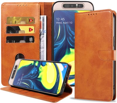 Geschikt voor Samsung Galaxy A80 Telefoonhoesje Kunstleer met Magnetisch lipje en Pasjeshouder Book Case met Klepje - Bruin - Smartphonica geschikt voor Samsung Galaxy A80