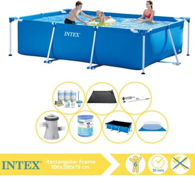 Intex Rechthoekig Frame Zwembad - 300 x 200 x 75 cm - Blauw - Inclusief Solarzeil - Onderhoudspakket - Zwembadfilterpomp - Filter - Grondzeil - Stofzuiger - Solar Mat - 8-delig
