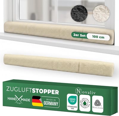 Tochtstrip voor ramen, 100 cm, natuurlijke scheerwol  houdt tocht en kou tegen, dempt geluid/stof/licht, antislip, geen boren nodig; voor vensterbanken/kozijnen, dicht kieren af, binnen, set van 2