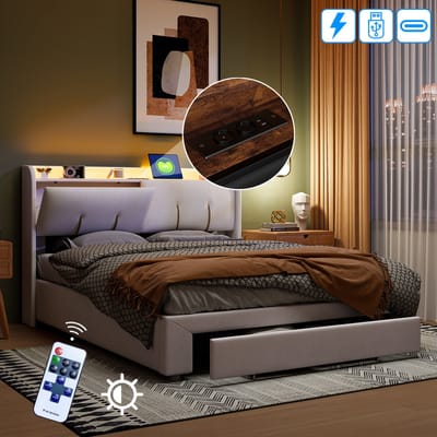 Opbergbed 140x200 cm beige fluweel met hydraulische opbergruimte, LED-verlichting en USB-oplaadpoort, gestoffeerd tweepersoonsbed