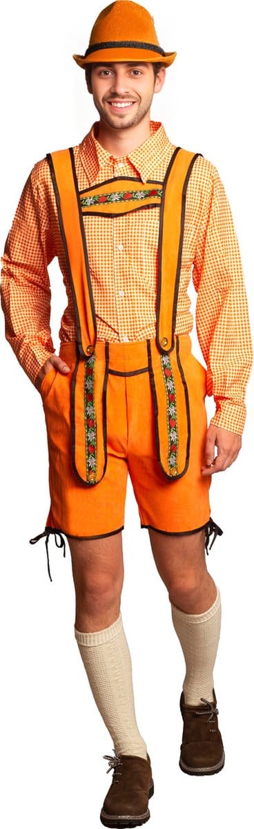 Voordelige Korte Oranje Lederhosen Man + Blouse Set voor bij EK Voetbal 2024 WK Koningsdag Verkleedkleren Volwassenen Oranje Verkleedkleding Oktoberfest Heren Oktoberfest Heren Carnavalskleding Heren - Polyester - Maat S