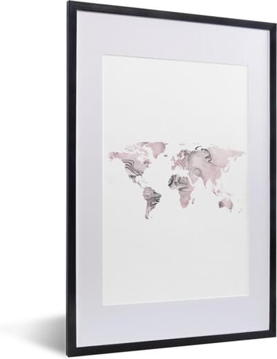 Poster in lijst - Fotolijst 40x60 cm - Posters - Wereldkaart - Roze - Grijs - Verf - Posterlijst zwart - Decoratie - Wanddecoratie woonkamer - Muurdecoratie slaapkamer