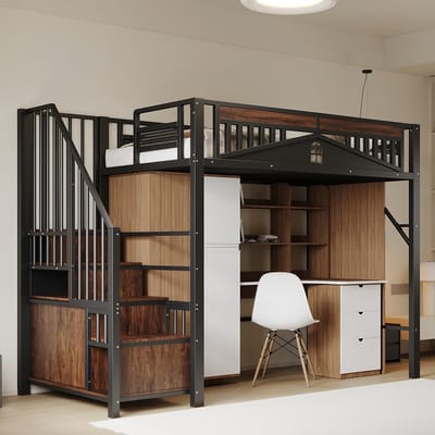 Komhtom Stapelbed van metaal 90 x 200 cm, unieke veiligheidsconstructie met raam, veiligheidsladder met opbergvak, zwart, oude referentie LDT00275AAB