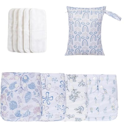 Herbruikbare stoffen luiers, wasbare luiers voor baby | Verstelbare baby luiers herbruikbaar | 4x absorberende voeringen met 4 inzetstukken en 1 natte tas, waterdichte deksel voor peuter jongensmeisje