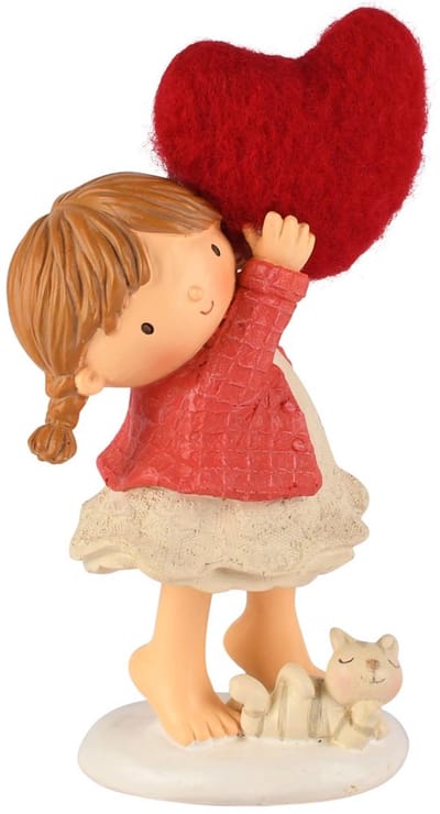 Dekoratief | Meisje staand m/hartje/poesje, rood/wit, resina, 11x8x20cm | A260429