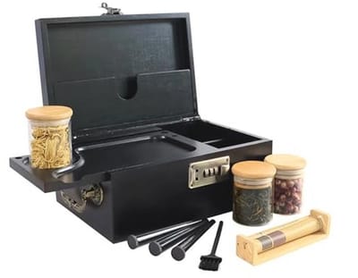 Decoratieve Bamboe Opbergbox met Combinatieslot en Glazen Potten