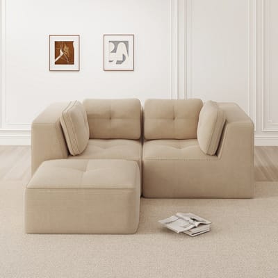 Modulaire en configureerbare hoekbank - tweezits frameloze L-vormige bank - met verplaatsbare voetenbank - corduroy - beige