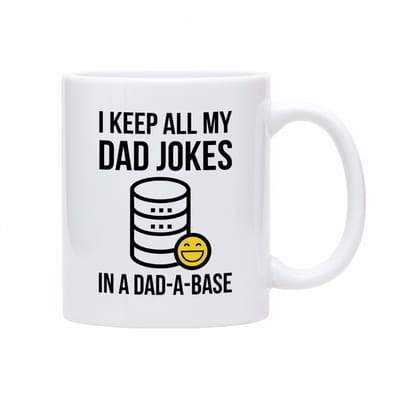 Dad Joke Mok 330ml – “I Keep All My Dad Jokes in a Dad-A-Base” – Grappig Cadeau voor Vaders, Programmeurs & Humor Fans