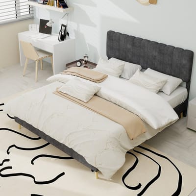 DESMIU Gestoffeerd Bed 140x200cm – Modern Bed Met Zacht Hoofdbord – Duurzaam Slaapcomfort Zonder Opbergruimte – Voor Slaapkamer – Stof en Metaal – Grijs – Zonder matras