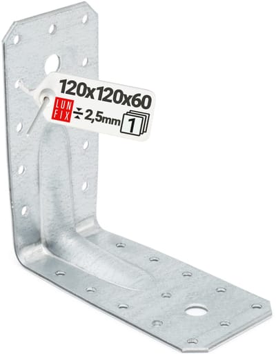 LUN FIX - Hoekverbinder met rib / inkeping - 120x120x60x2,5 mm - Gegalvaniseerd staal - constructiehoek