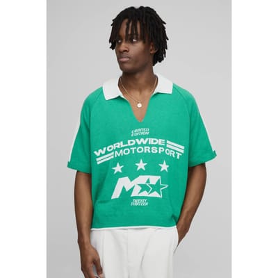Wereldwijde oversized boxy moto jacquard gebreide polo | Green | Size XS