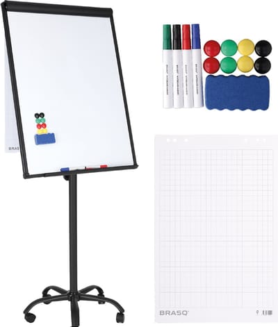 BRASQ Flipover Verrijdbaar - 70x100 cm - Verstelbaar Whiteboard - Inclusief 25 vellen papier, 4 Stiften, 8 Magneten, Wisser - Flipover met Papierklem en Haken - Magnetisch bord - Magneetbord - Zwart