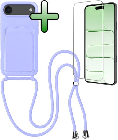 Hoes Geschikt voor iPhone Air Hoesje Pas Houder Case Hoes Met Koord Met Screenprotector - Hoesje Geschikt voor iPhone Air Hoes Met Telefoonkoord Pasjeshouder Cover - Lila