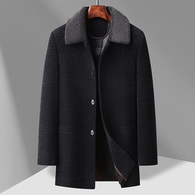 Winter Heren Chenier Jas Medium en Lang Omgeslagen Kraag Koraalfleece Verdikt Warme Wollen Jas 200 black