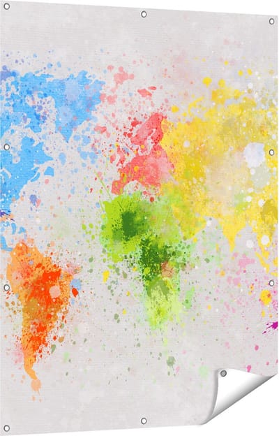 Gards Tuinposter Wereldkaart met Verfvlekken - Abstract - 90x120 cm - Tuindoek - Tuindecoratie - Wanddecoratie buiten - Tuinschilderij