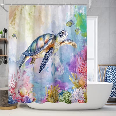 Floraweg Douchegordijn,Shower Curtain,badgordijn,badkamergordijn,Cartoon -stijl schildpadden in de zee , digitale printen -Anti Schimmel - Inclusief 12 ringen -met 12 stuks douchegordijnhaken – Waterdicht -Wasbaar- Polyester - 180x200 cm