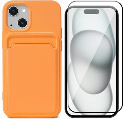 Hoesje Pasjeshouder geschikt voor iPhone 15 - Screenprotector FullGuard - Siliconen Case Back Cover Oranje & Screen Protector