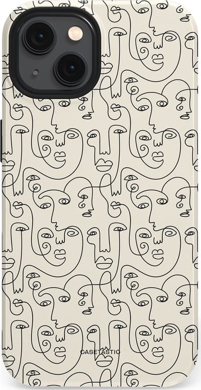 Casetastic hoesje geschikt voor Apple iPhone 13 - MagSafe - Dubbellaagse bescherming - Art Deco Creme Abstractie Lijntekening Gezichten - Fashion Case - Zilver Crème Wit