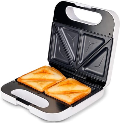 Grunkel Tosti-broodrooster met grill voor 2 sandwiches met snijkant, antislip oppervlak met antiaanbaklaag, 750 W vermogen en koel gevoel (witte vierkante rand)