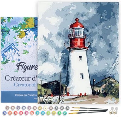 Figured'Art Schilderen op Nummer Volwassenen met lijst - Vuurtoren onder een bewolkte hemel - Handwerk acrylverf Kit DIY Compleet - 40x50cm Canvas al ingelijst