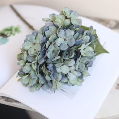 Hortensia (Hydrangea) klein - groen/blauw - zijden bloemen - 3 stelen - onderhoudsvrij - 33 cm - kunstbloemen