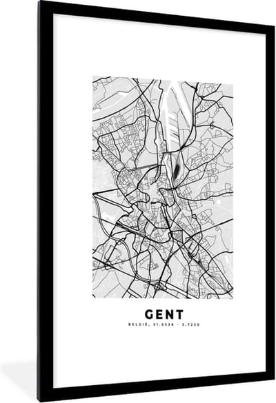 Fotolijst incl. Poster Zwart Wit- Plattegrond – Gent – Zwart Wit – Stadskaart - Kaart - 60x90 cm - Posterlijst