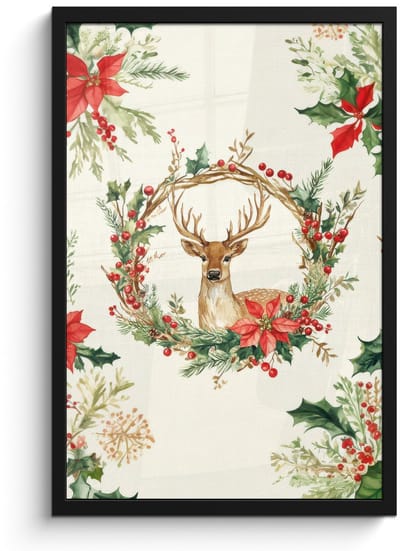 Poster in lijst - Fotolijst 40x60 cm - Posters - Kerstkrans - Hert - Hulst - Rood - Posterlijst zwart - Decoratie - Wanddecoratie woonkamer - Muurdecoratie slaapkamer - Kerstversiering - Kerstdecoratie voor binnen - Kerstmis