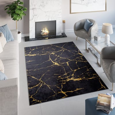 Tapiso Toscana Vloerkleed Glamour Zwart Gouden Laagpolig Tapijt Maat- 200x300