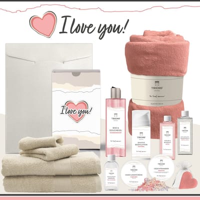 Geschenkset “I Love You!” - 13 producten - 2000 gram | Triomf Original - Giftset voor haar - Cadeau Valentijnsdag - Luxe wellness cadeaubox Vrouw - Ik hou van jou - Cadeaupakket - Geschenk Pakket Verjaardag - Gift Set Valentijn Vriendin - Beige Roze