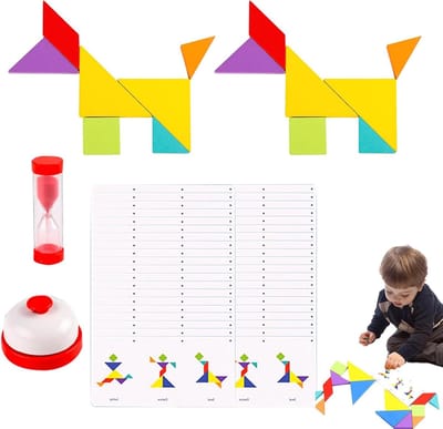 Tangram Puzzel - Houten Blokken - Logisch Denken - Met Zandloper - 14 Stuks - Multi-color