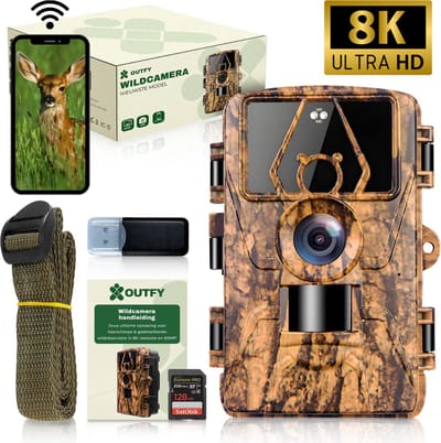 Outfy® Professionele Wildcamera - 60 MP en 8K Ultra HD - Wildcamera met Nachtzicht en Wifi - Met App - Nachtcamera - Wildcamera voor Buiten - Inclusief 128GB SD Kaart