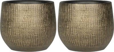 Plantenpot/bloempot in een strakke Modern design look - Set van 2x stuks - metal goud - Dia 18 cm en Hoogte 16 cm