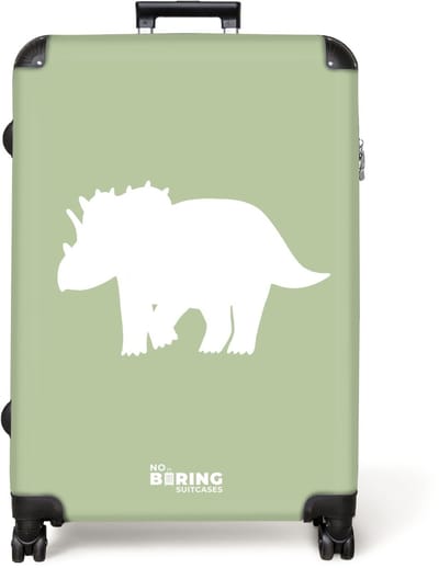 NoBoringSuitcases.com® - Koffer groot - Reiskoffer lichtgewicht - Groen met Triceratops dino - Rolkoffer met 4 wielen - Grote trolley XL - 98 liter bagage