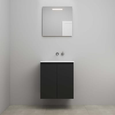 On-Line Badkamermeubelset - 60 cm - Bouwpakket - Greeploos 2 Deuren - Acryl Wastafel - zonder Kraangat - Spiegel met LED-Verlichting - Mat Zwart