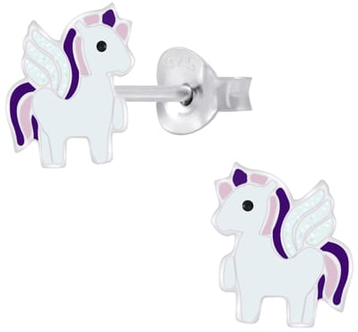 Joy|S - Zilveren eenhoorn oorbellen - wit paars met vleugeltjes - unicorn paardje oorknoppen
