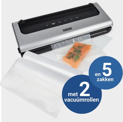 DESQ® 7910 Automatische Vacumeermachine – Vacuüm Sealer – Inclusief 5 Vacuümzakken + 2 Vacuümrollen (28 × 600 cm) – 5 Programma's – Pulse Functie – Krachtige 0,6 Bar Vacuümdruk – Rolsnijder – Uitneembaar Vochtopvangbakje