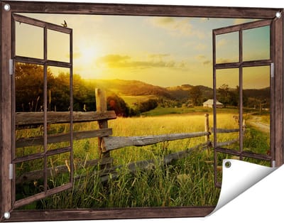 Gards Tuinposter Doorkijk Boerderij Hekken op het Grasveld - 90x60 cm - Tuindoek - Tuindecoratie - Wanddecoratie buiten - Tuinschilderij