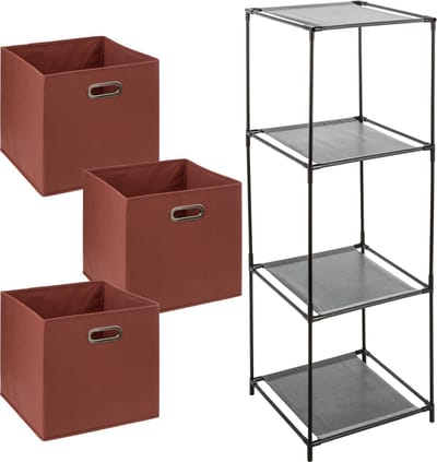 Kastmandjes/opberg manden - steenrood - 3x stuks van 29 Liter - In metalen rekje van 34 x 98 cm