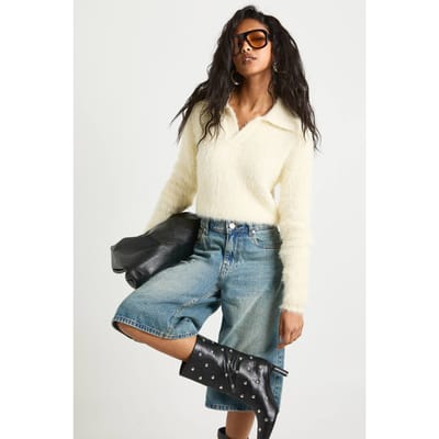 boohoo Dames Croptrui met gebreide kraagdetail in eyelash-stijl | Ecru | Maat: Medium