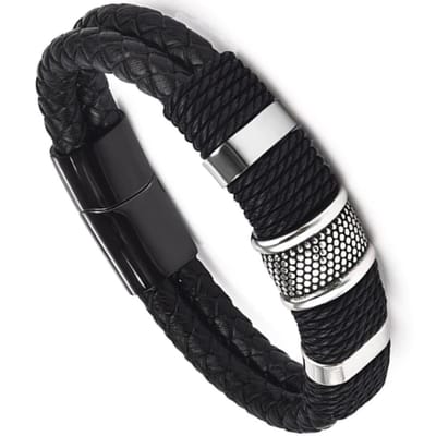 Victorious Gevlochten Zwart Leer en Roestvrijstaal Leather Collections – Mannenarmband – 22cm